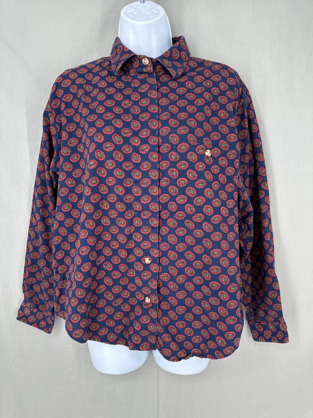 70s Vintage Top Womens Medium Navy Blue Paisley Red Button Boho Cotton